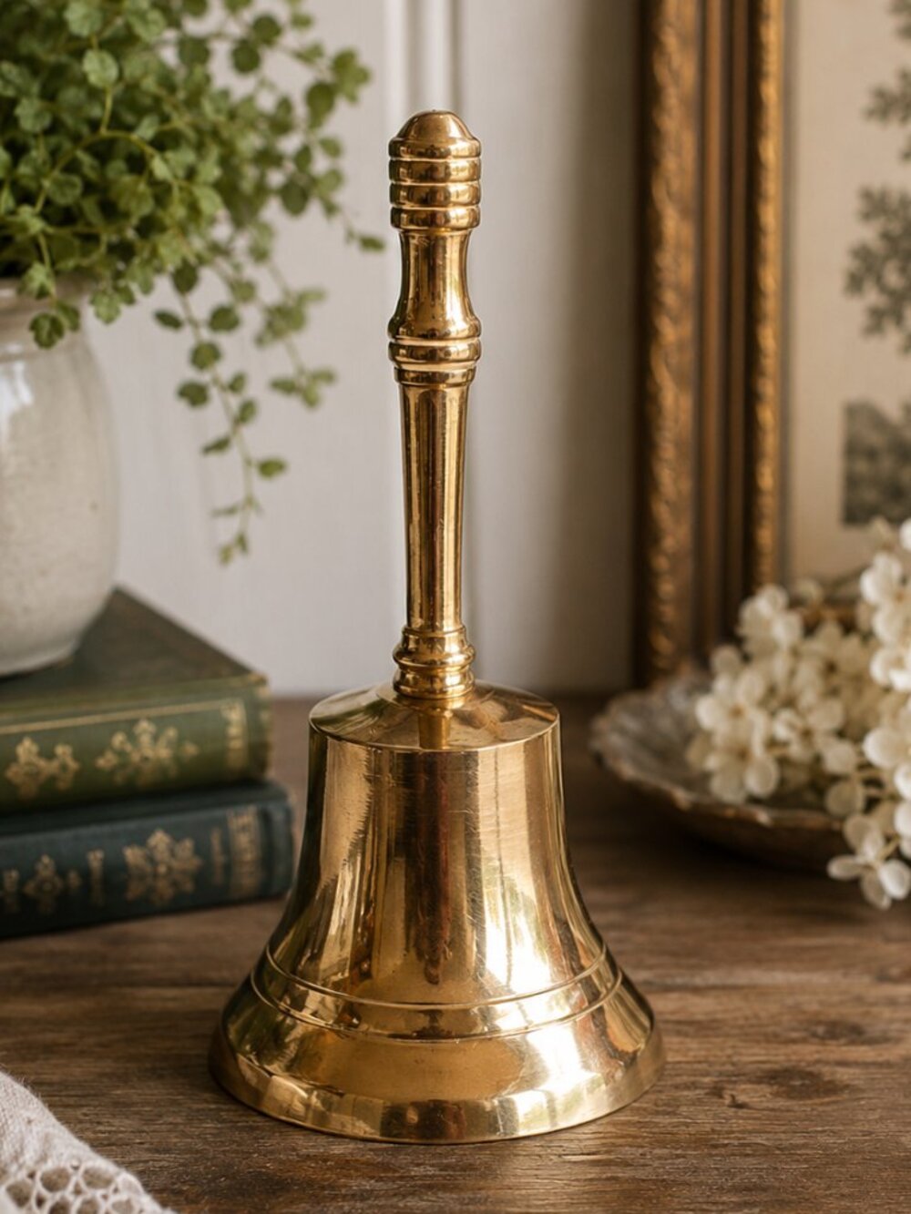 Vintage Solid Brass Hand Bell Made in India 7.875" Tall Decorative Desk Service